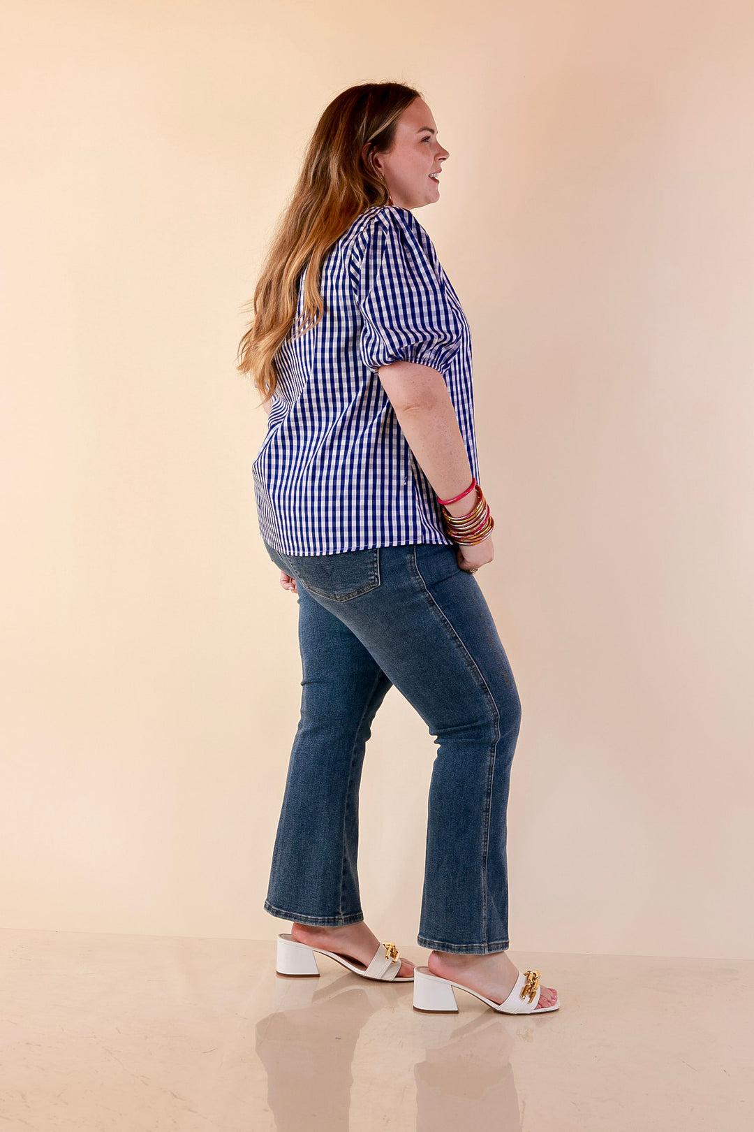 Polished &amp; Playful Short Puff Sleeve Gingham Top with Contrast Lime Green Trim in Royal Blue and White