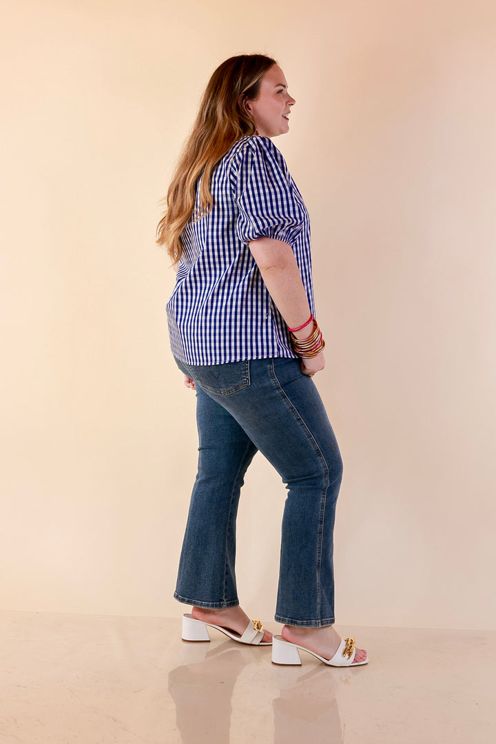 Polished &amp; Playful Short Puff Sleeve Gingham Top with Contrast Lime Green Trim in Royal Blue and White