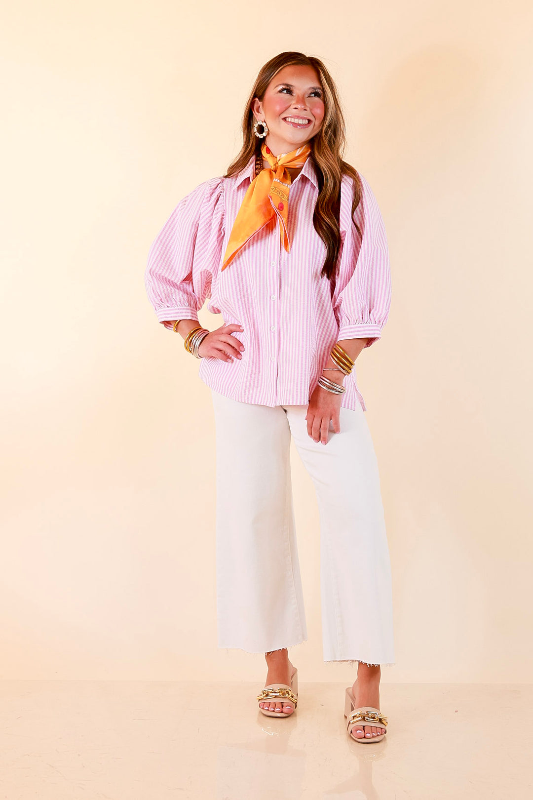 Crisp and Collected Stripe Button Front Collared Top with Puff Short Sleeves in Pink and White