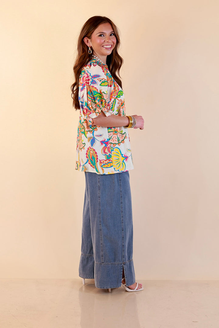Bold Escape Floral Print Lace Front Top with Collar and Puff Sleeves in Cream Mix