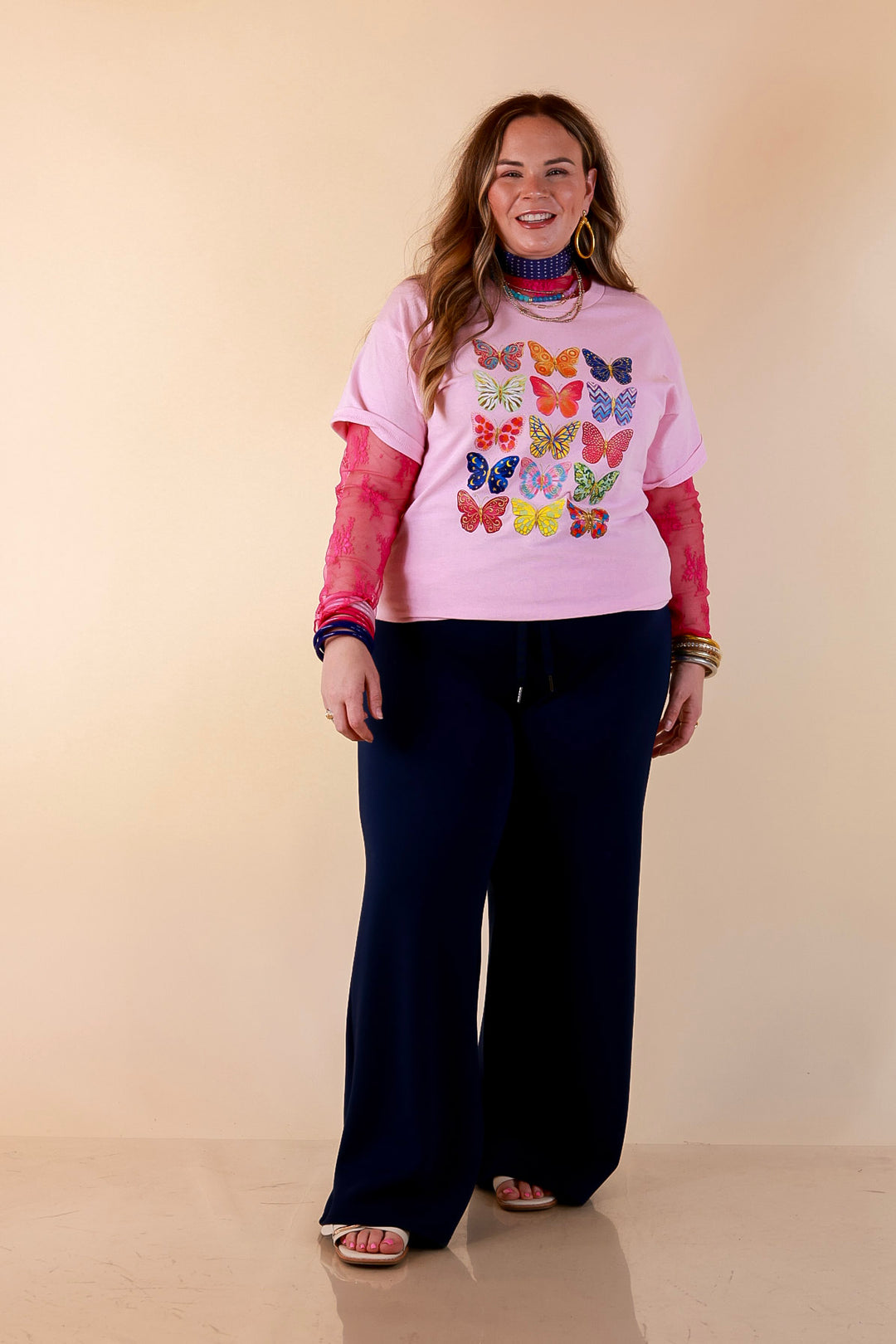 Butterfly Season Multi Print Butterflies Short Sleeve Graphic Tee in Light Pink