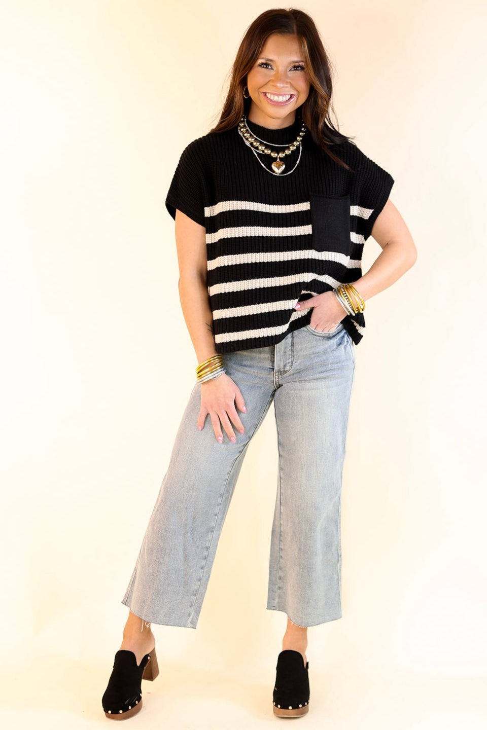 Repeat Worthy Striped Cap Sleeve Cropped Sweater with Front Pocket in Black