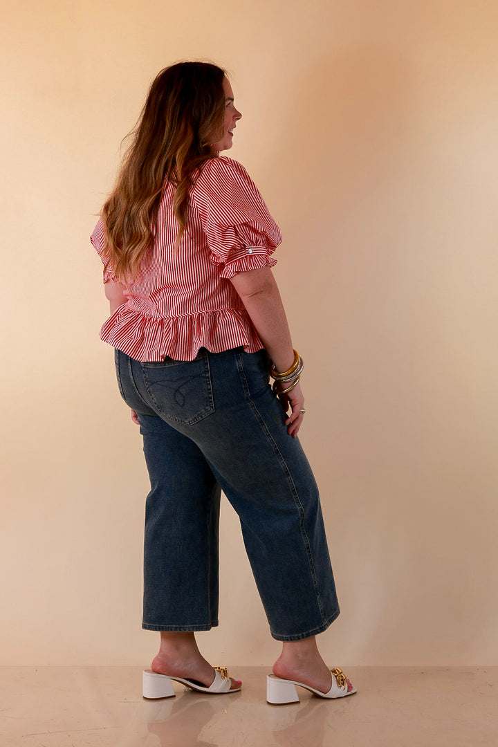 Tea Time Charm Tie Neck Puff Sleeve Peplum Button Front Stripe Blouse in Red