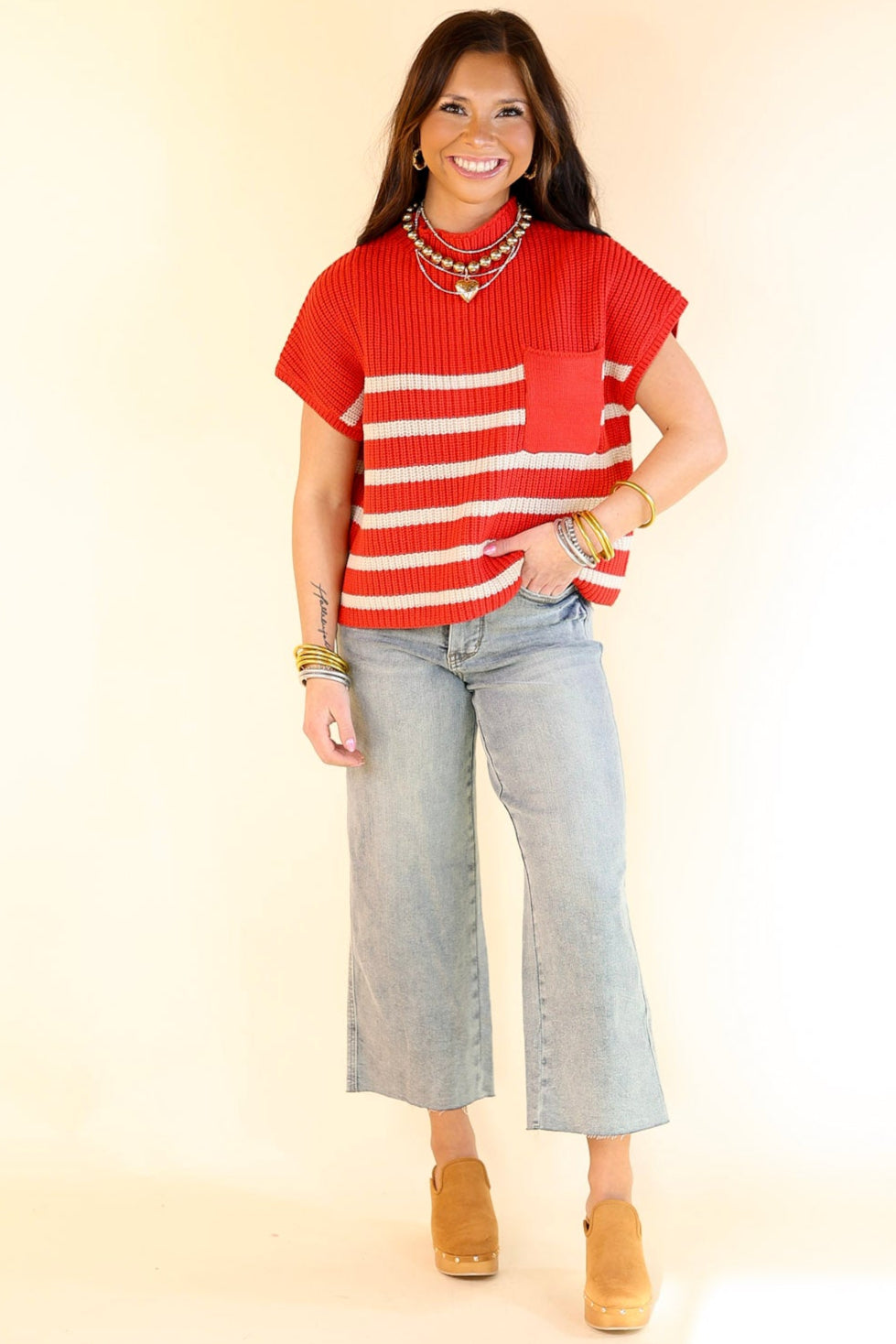 Repeat Worthy Striped Cap Sleeve Cropped Sweater with Front Pocket in Ruby Red