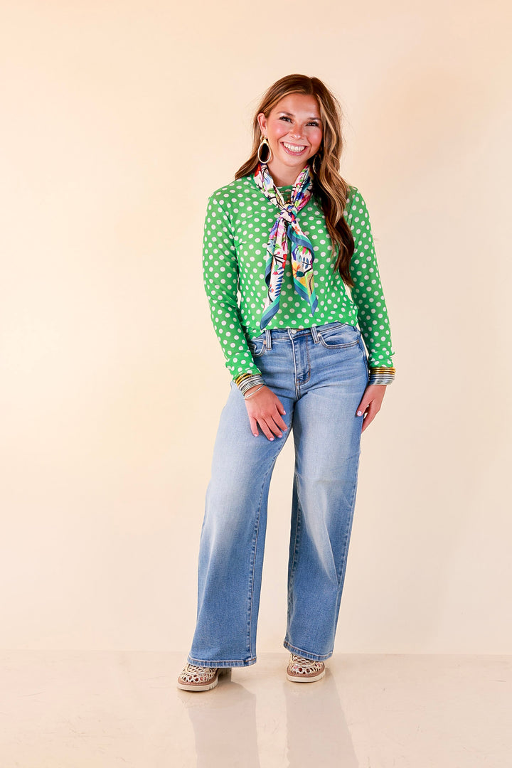 The Essential Layer Polka Dot Print Sheer Mesh Long Sleeve Top in Kelly Green