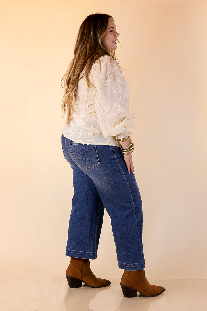 Timeless Romance Ruffled V Neck Floral Applique Embroidered Top in Cream