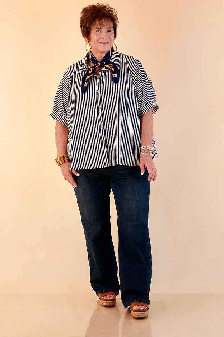 Perfectly Aligned Button Down Collared Top with Vertical Ivory Stripe Detail in Navy Blue