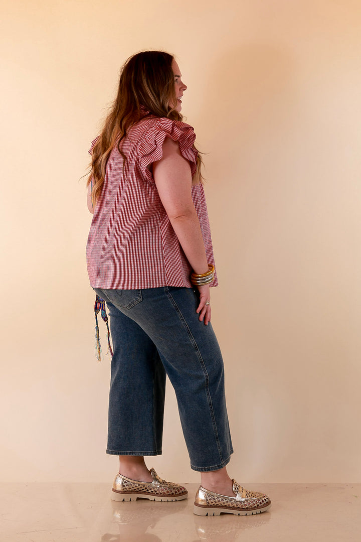 Front Porch Favorite Ruffle Sleeve Button Front Gingham Blouse with Scallop Trim in Dark Crimson Red