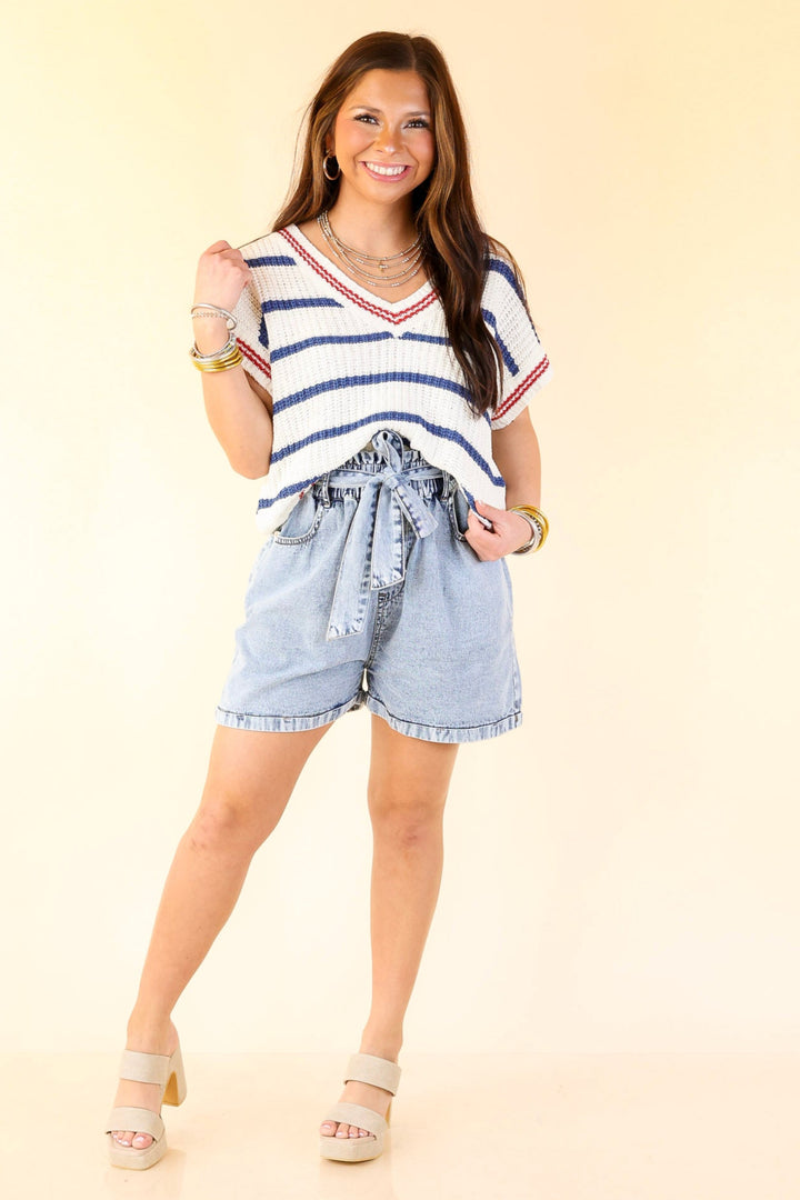 Simply Southern | Go with the Flow Striped Short Sleeve Sweater Top in Navy Blue