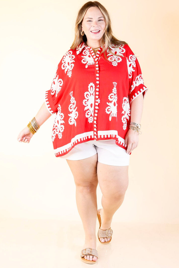 Classic Perfection Damask Print Button Up Collared Blouse in Red
