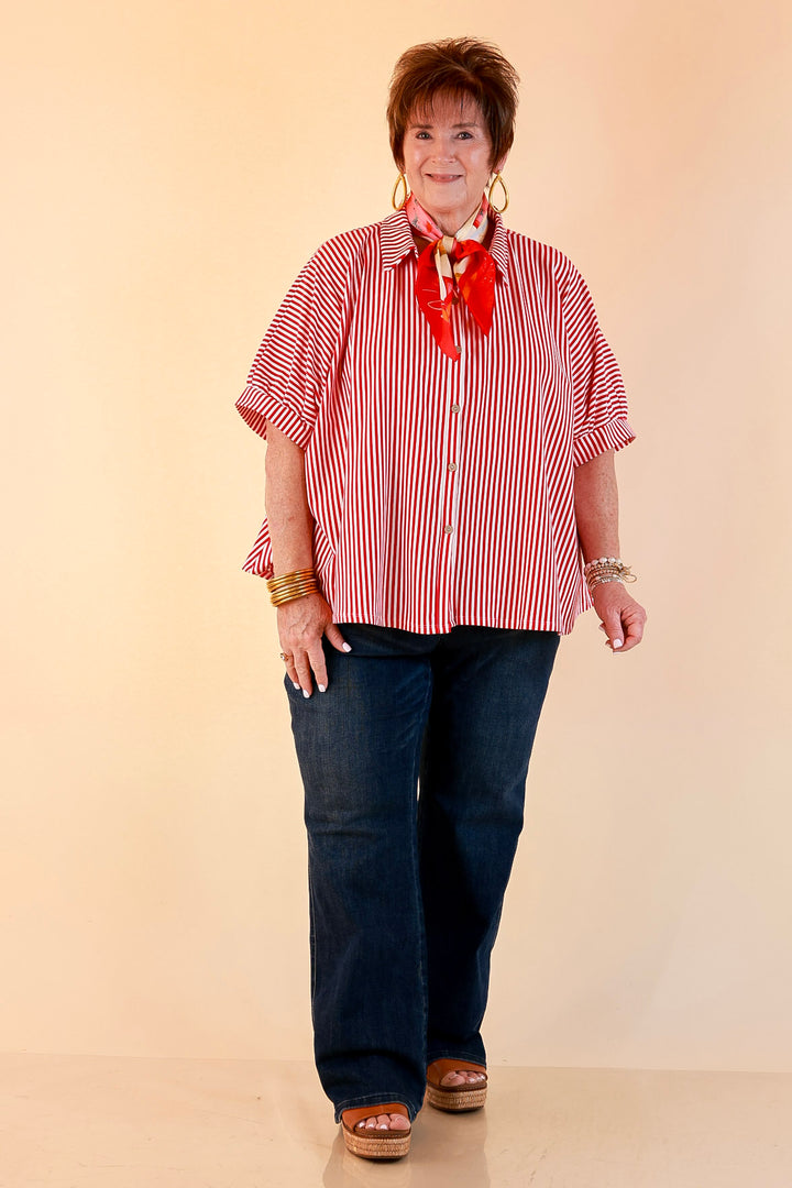 Perfectly Aligned Button Down Collared Top with Vertical Ivory Stripe Detail in Red