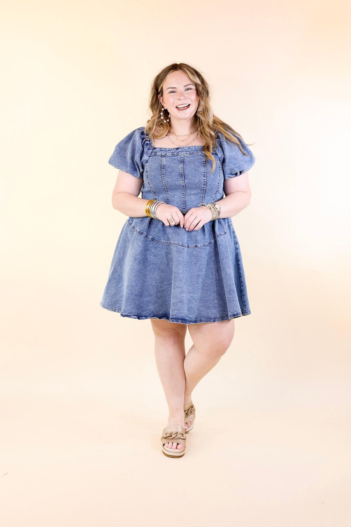 Denim Delight Babydoll Dress with Puff Sleeves in Medium Wash