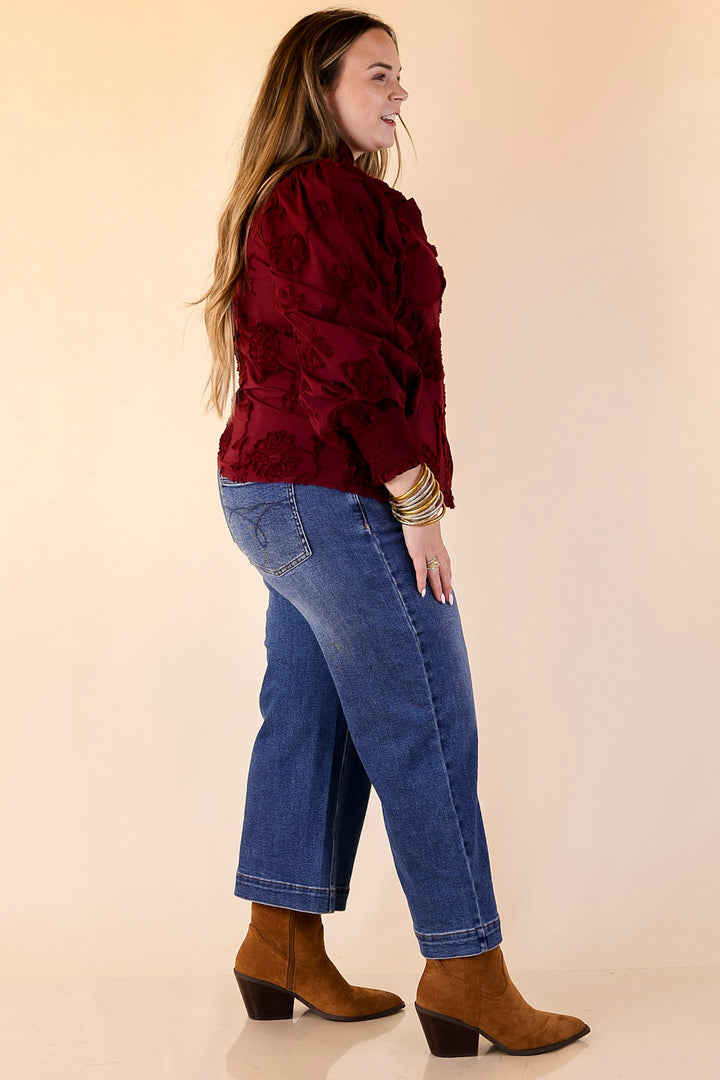 Timeless Romance Ruffled V Neck Floral Applique Embroidered Top in Maroon