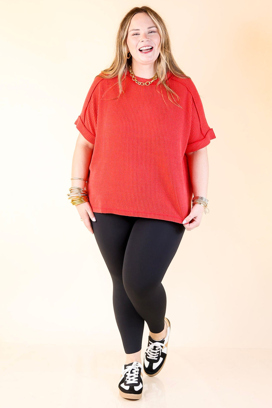 Daily Perfection Scoop Neck Short Sleeve Ribbed Top in Red