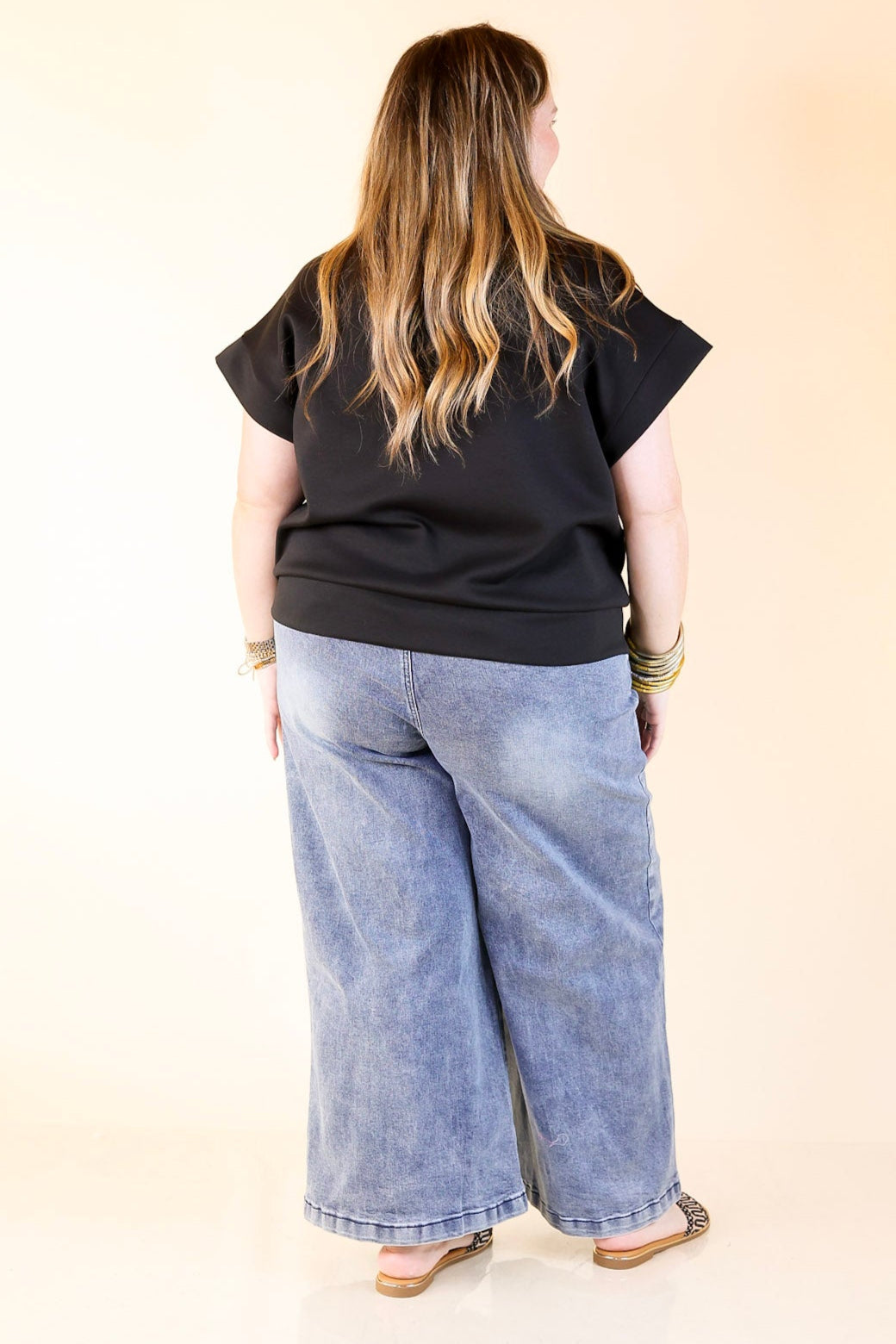 Ripple & Roll Denim Wide Leg Jean with Ruffled Front Seam in Acid Wash