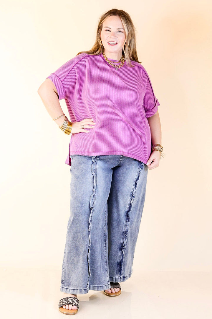 Daily Perfection Scoop Neck Short Sleeve Ribbed Top in Purple