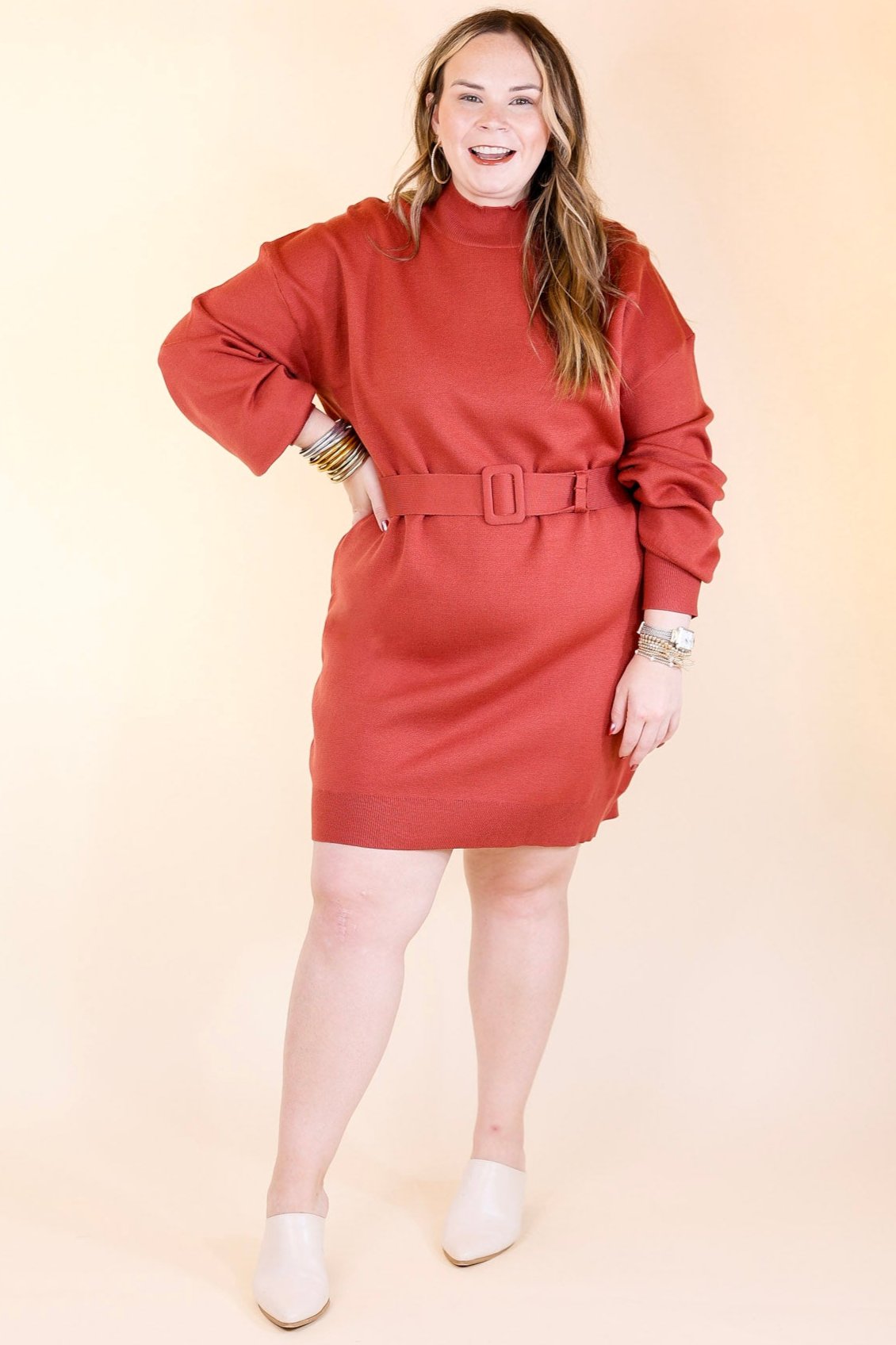 Luxurious Life Sweater Dress with Belt in Rust Red