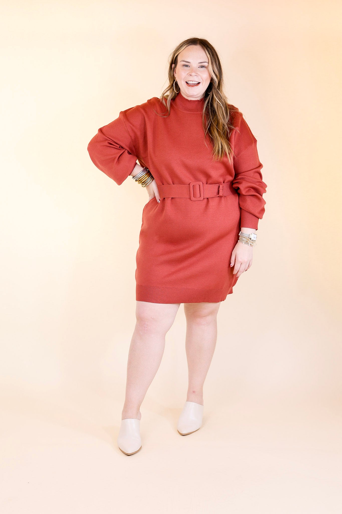 Luxurious Life Sweater Dress with Belt in Rust Red