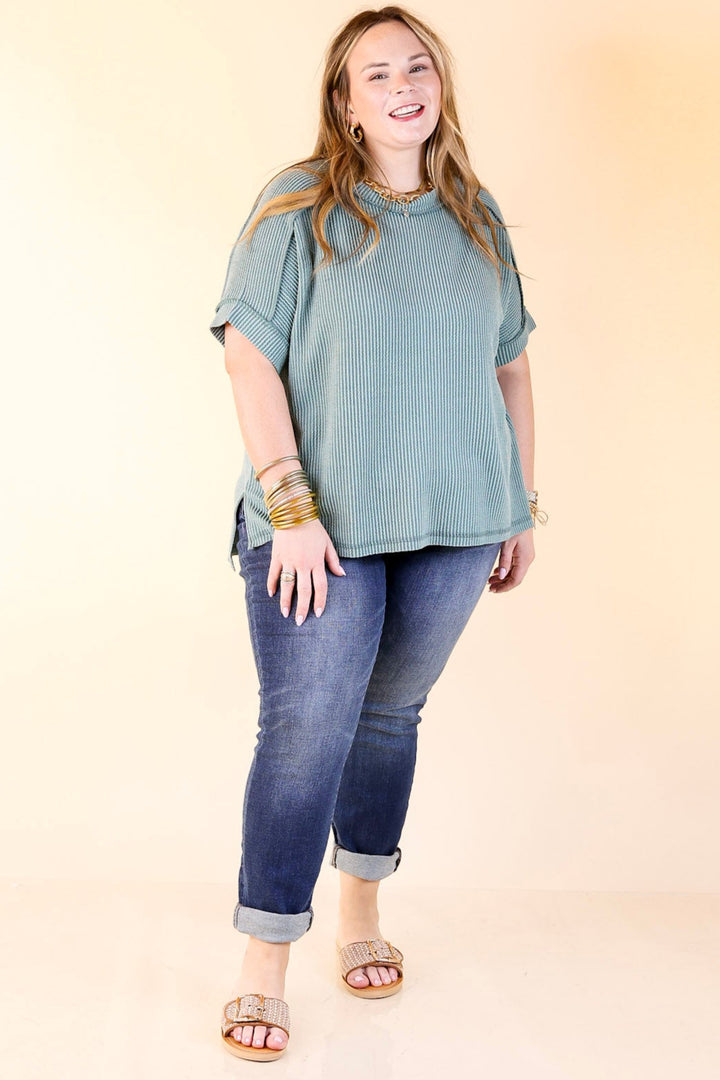 Daily Perfection Scoop Neck Short Sleeve Ribbed Top in Jade Green