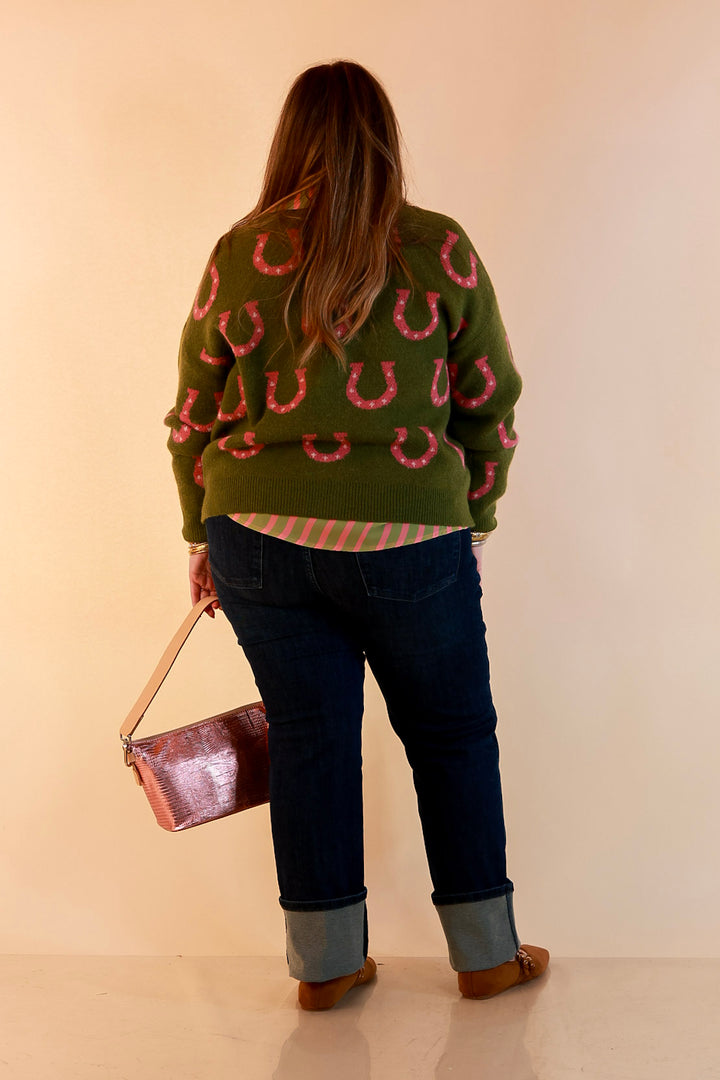 Lucky in Love Horseshoe Print Button Front Cardigan Sweater in Olive Green and Pink
