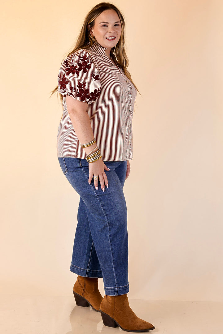 Sweet Intentions Button Down Striped Top with Puff Embroidered Sleeves in Maroon
