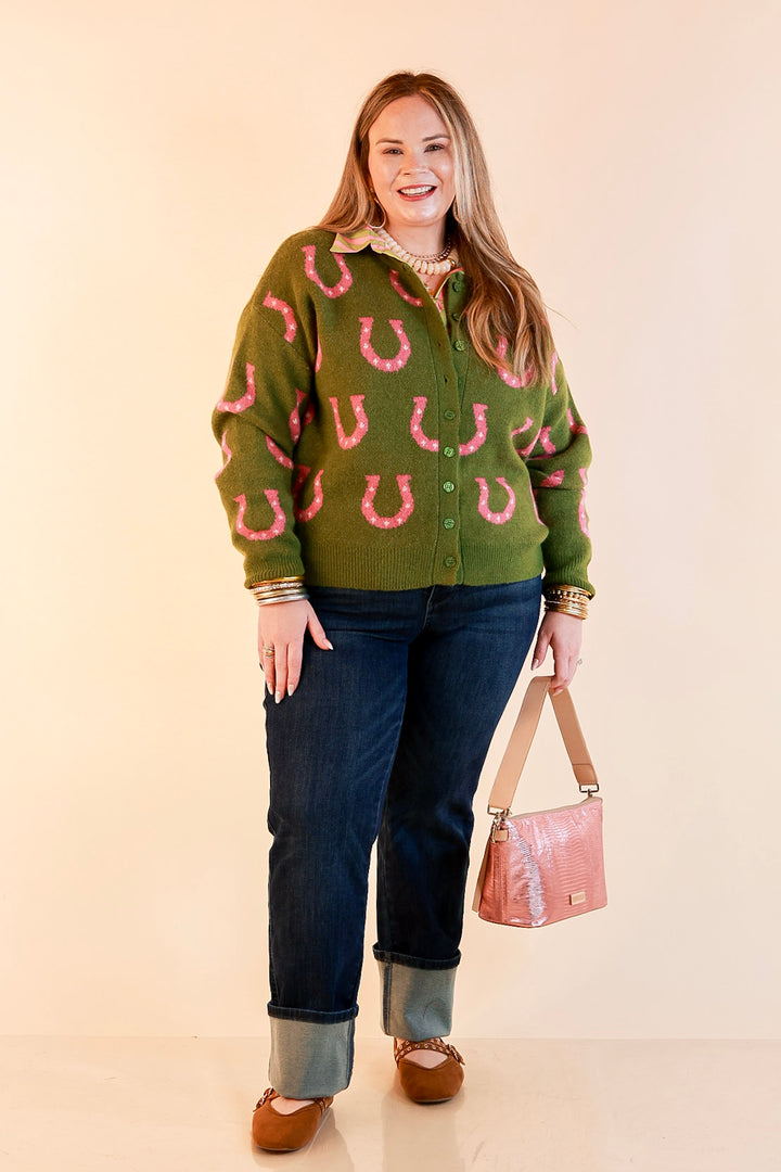 Better Together Stripe Button Up Collared Top with Poofy Sleeves in Olive Green and Pink