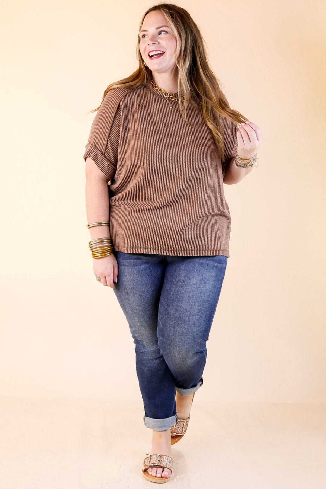 Daily Perfection Scoop Neck Short Sleeve Ribbed Top in Brown