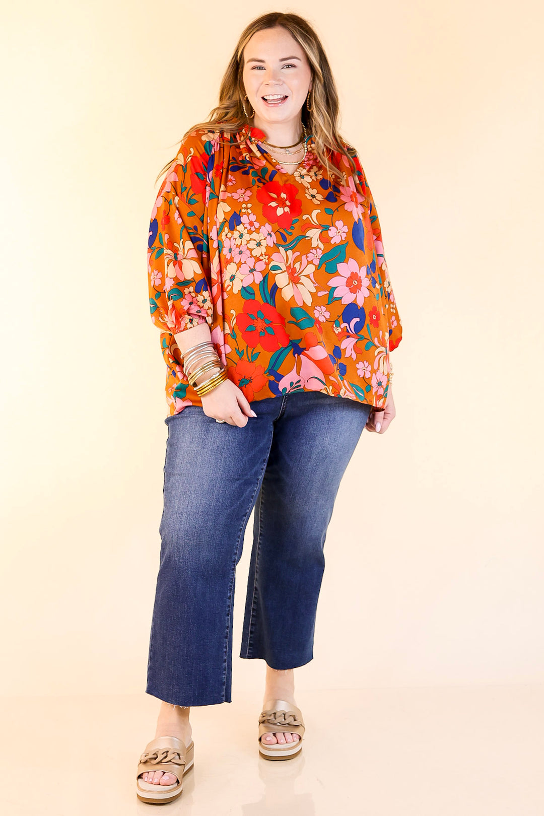 Falling For Floral 3/4 Sleeve Top with Notched Neck in Camel Brown
