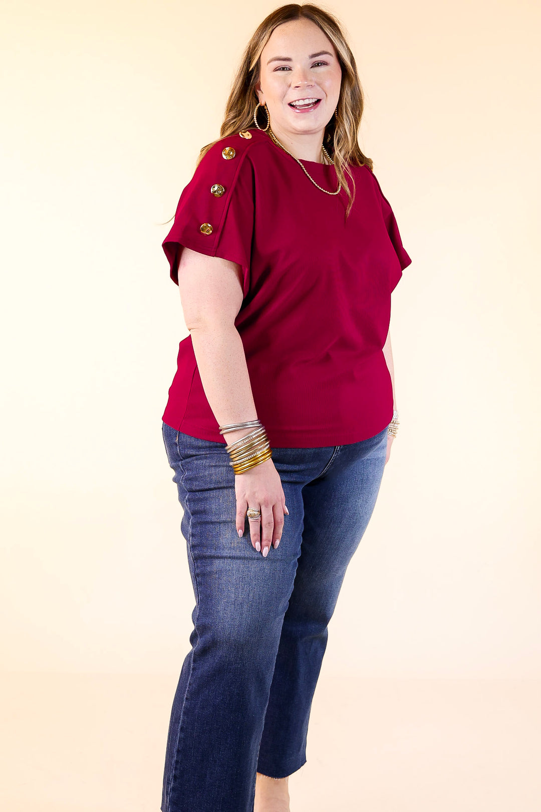 Golden Hour Glow Ribbed Crew Neck Top With Gold Button Detailing in Maroon