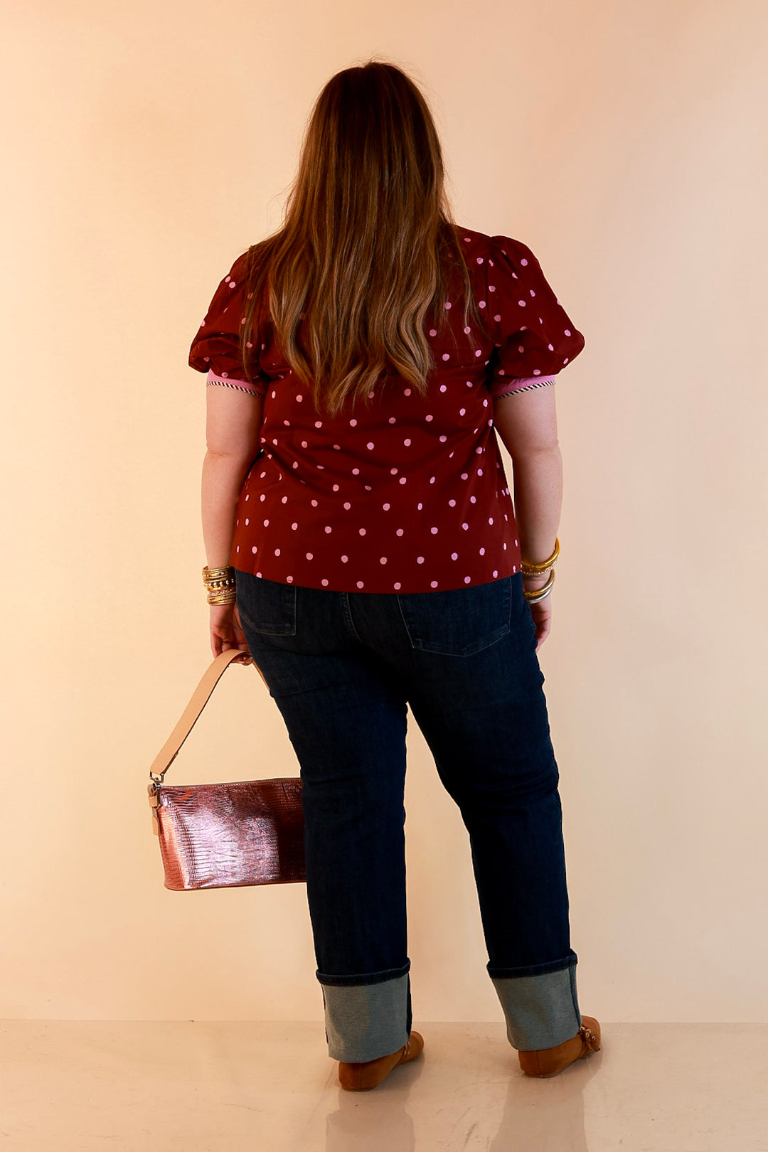 Pop of Polish Short Puff Sleeve Button Front Polka Dot Print Top with Contrast Trim in Maroon and Pink