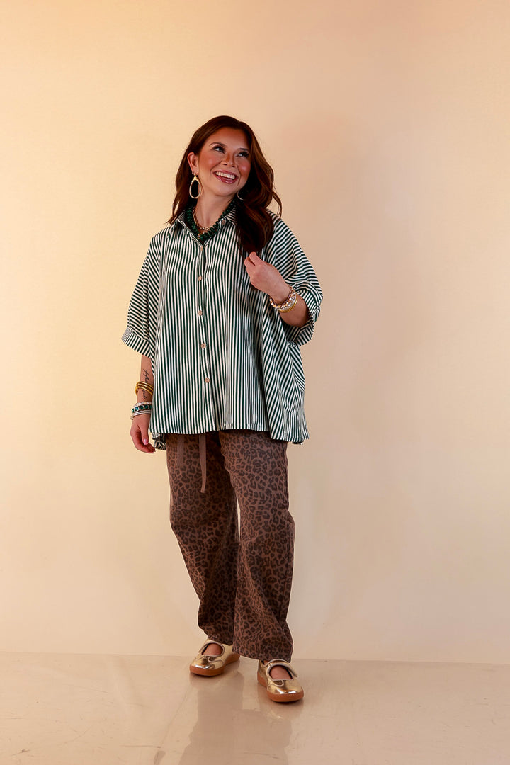 Perfectly Aligned Button Down Collared Top with Vertical Ivory Stripe Detail in Forest Green