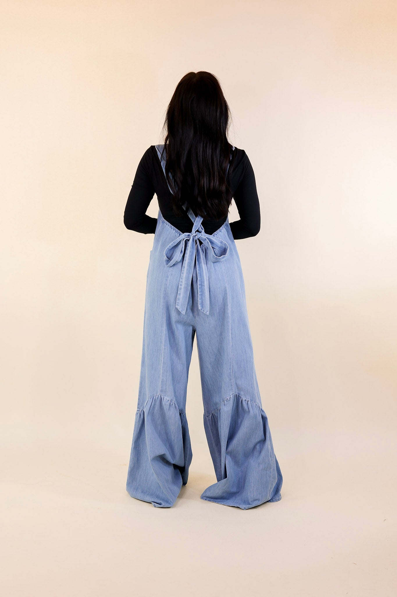 Vintage Vibes Denim Jumpsuit with Tie Straps in Light Wash