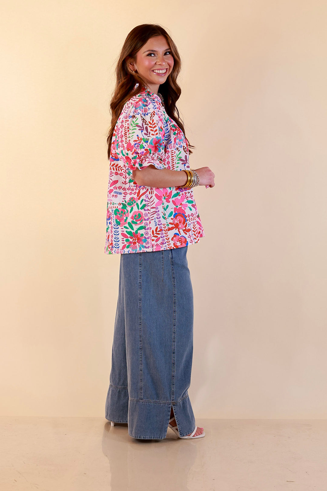 Blooming Grace Floral Print Top with Split Neckline and Puff Sleeves in Blush Mix