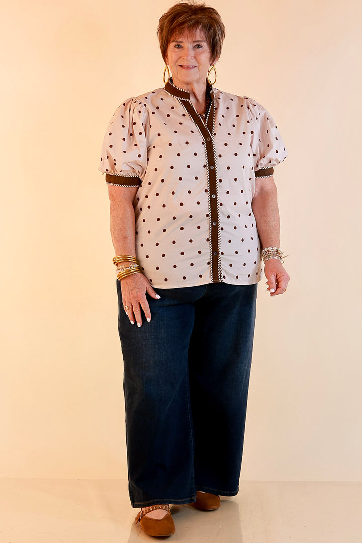 Pop of Polish Short Puff Sleeve Button Front Polka Dot Print Top with Contrast Trim in Ivory and Chocolate Brown