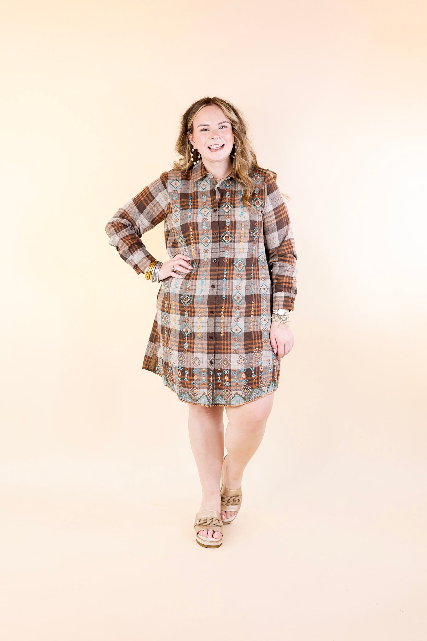 Loving In Layers Tribal Embroidered Plaid Button Up Dress in Brown Mix