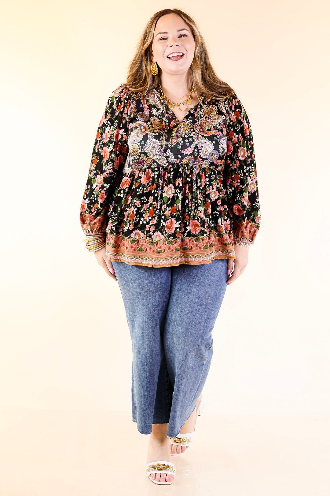 Floral Fusion Long Sleeve Floral Print Top in Black