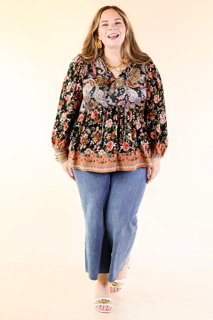 Floral Fusion Long Sleeve Floral Print Top in Black