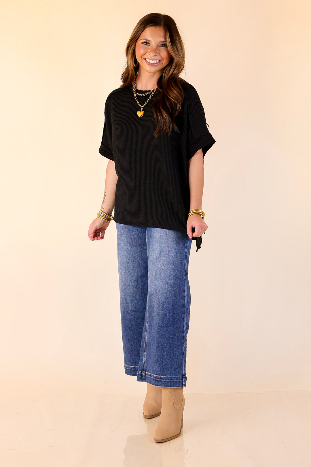 Daily Perfection Scoop Neck Short Sleeve Ribbed Top in Black