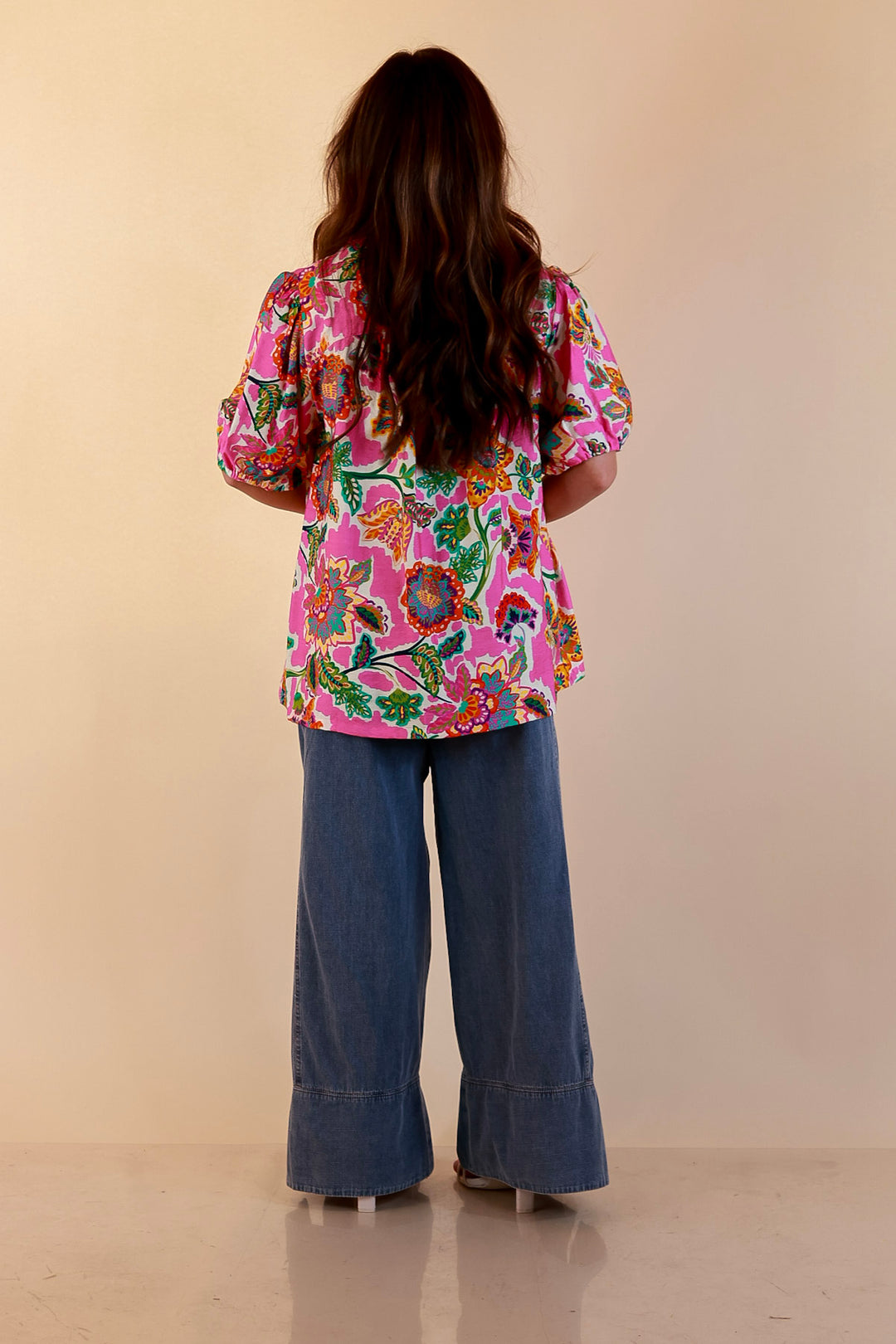 Petal Pop Floral Print Ruffle Front Button Up Top with Puff Sleeves in Pink