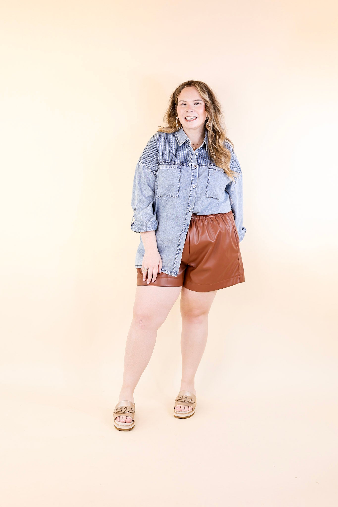 Dawn Of Time Pleated Button Up Denim Top