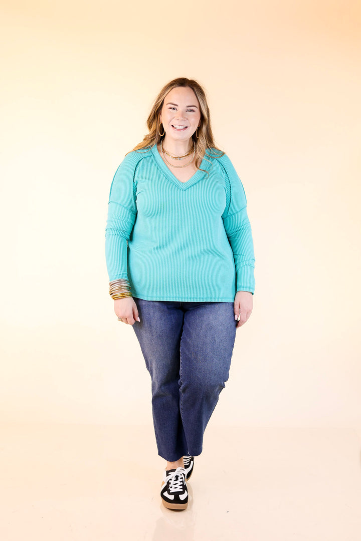 Daily Perfection V-Neck Long Sleeve Ribbed Top in Turquoise Blue