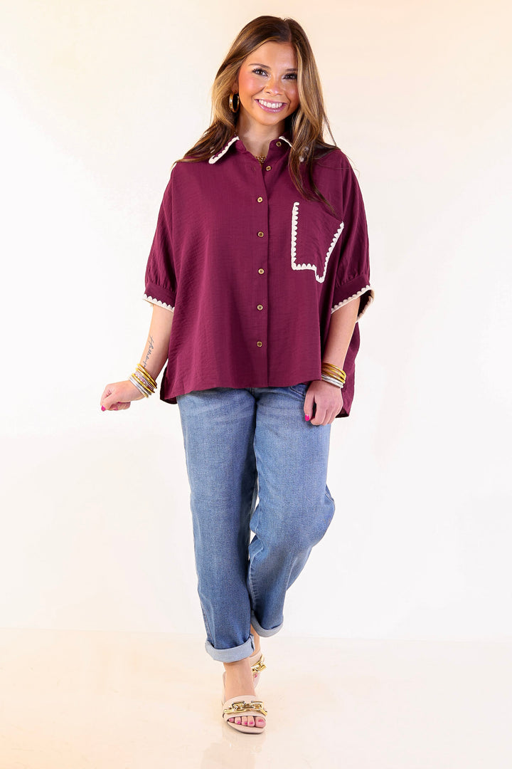 In Good Company Button Up Top with Scalloped Trim Stitching in Maroon