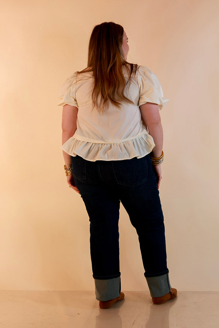 Present Company Solid Button Down Peplum Bubble Sleeve Tie Collar Top in Ivory