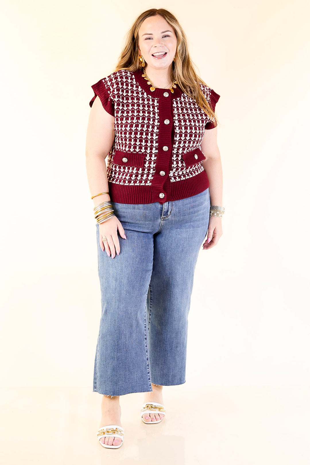 Statement Maker Button Front Large Tweed Sweater Vest in Maroon