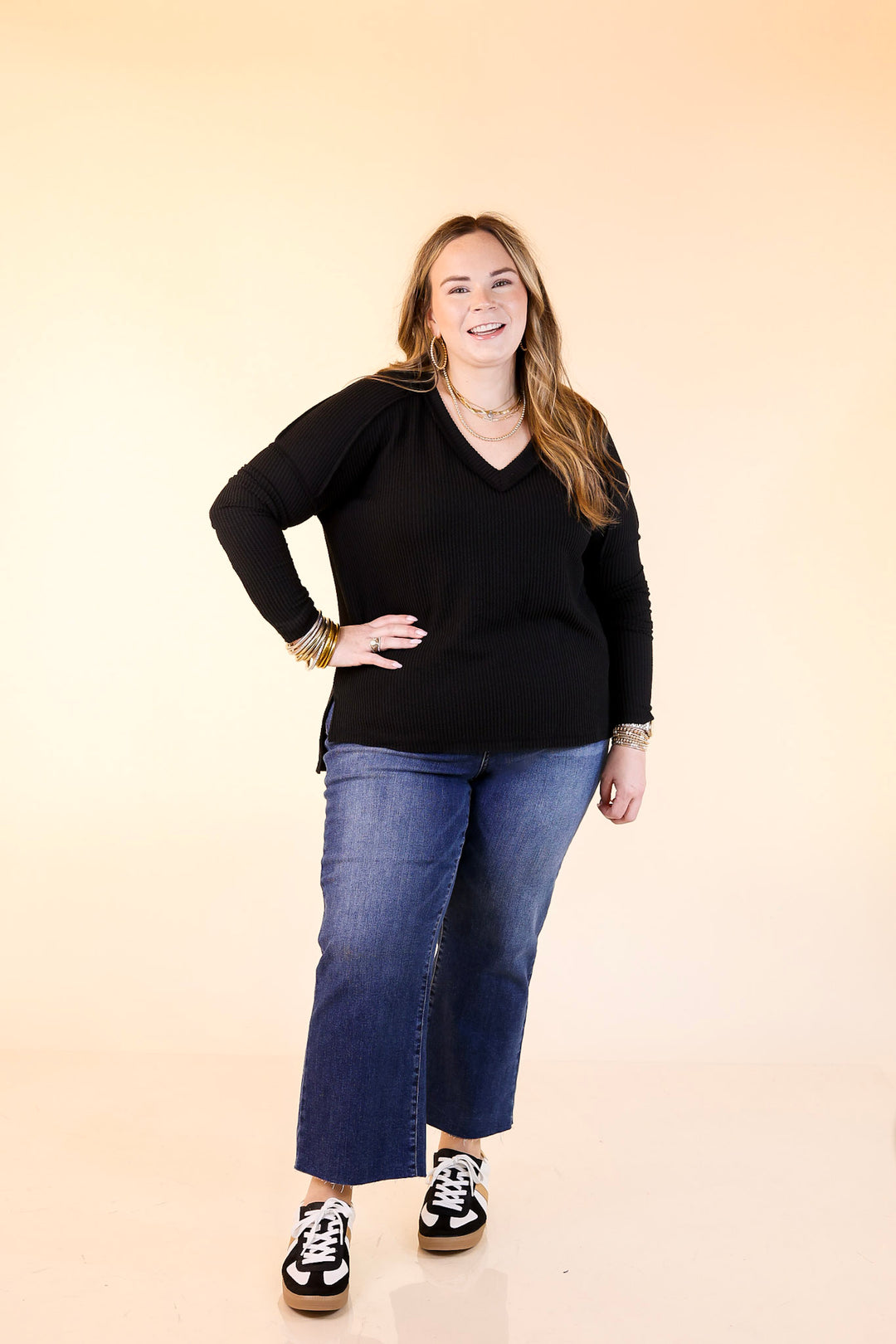 Daily Perfection V-Neck Long Sleeve Ribbed Top in Black