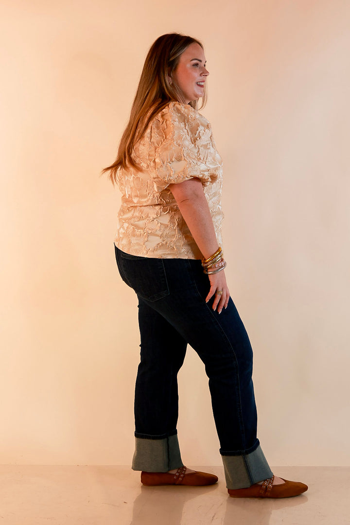 Pretty in Practice Textured Floral Print Puff Sleeve Blouse in Champagne Ivory