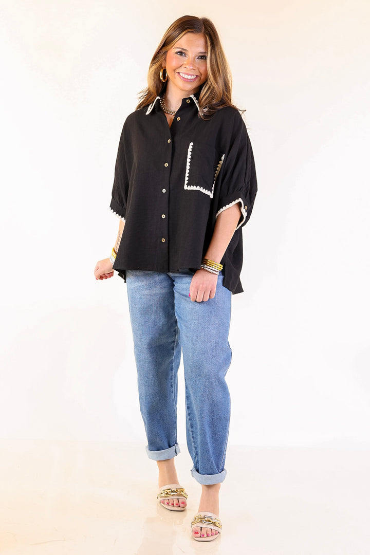 In Good Company Button Up Top with Scalloped Trim Stitching in Black