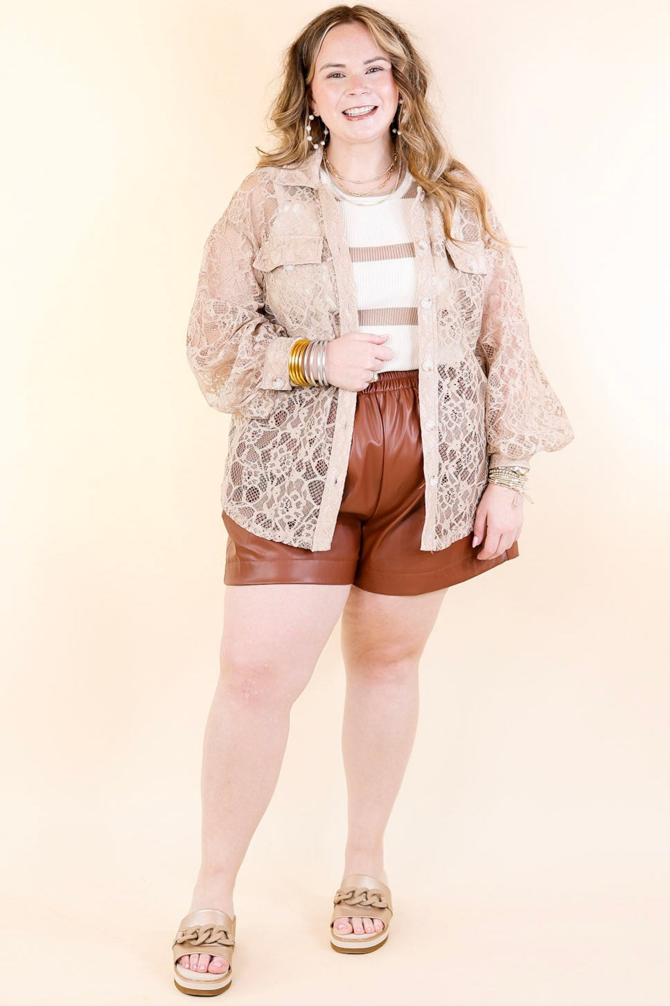 Sheer Chic Collared Button Up Lace Top in Taupe