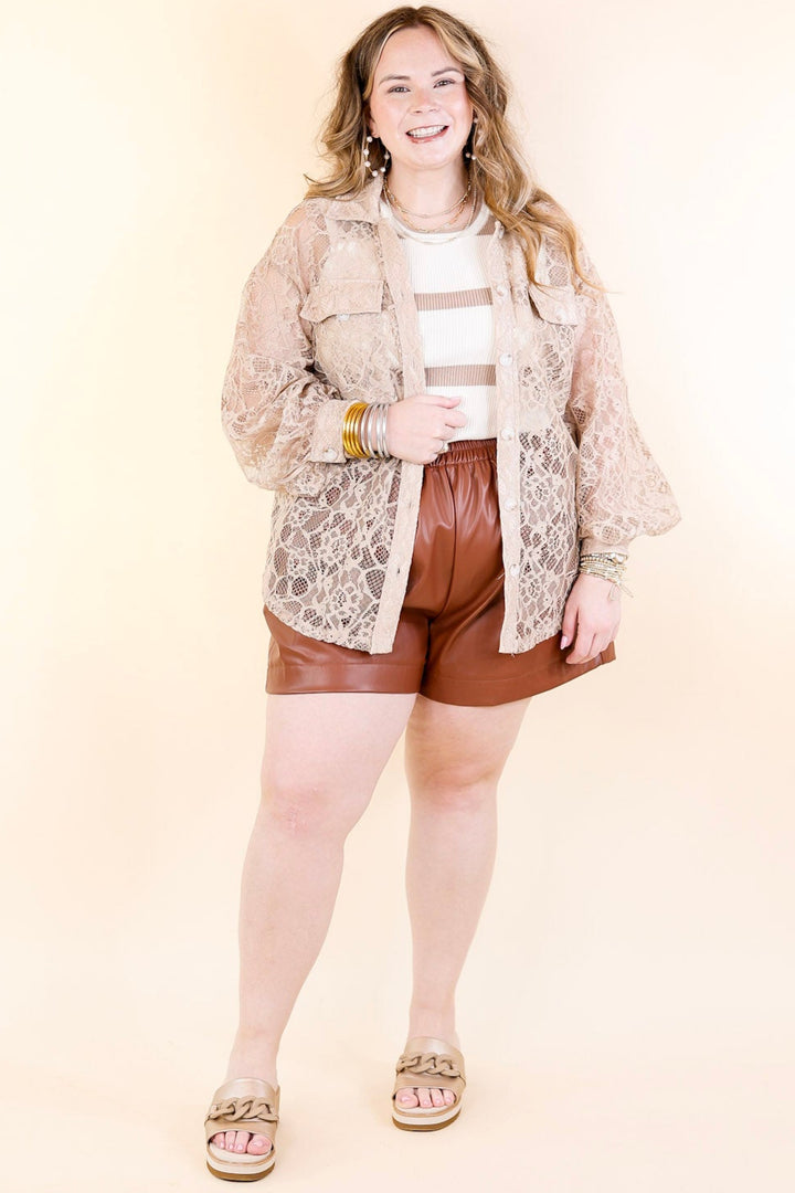 Sheer Chic Collared Button Up Lace Top in Taupe