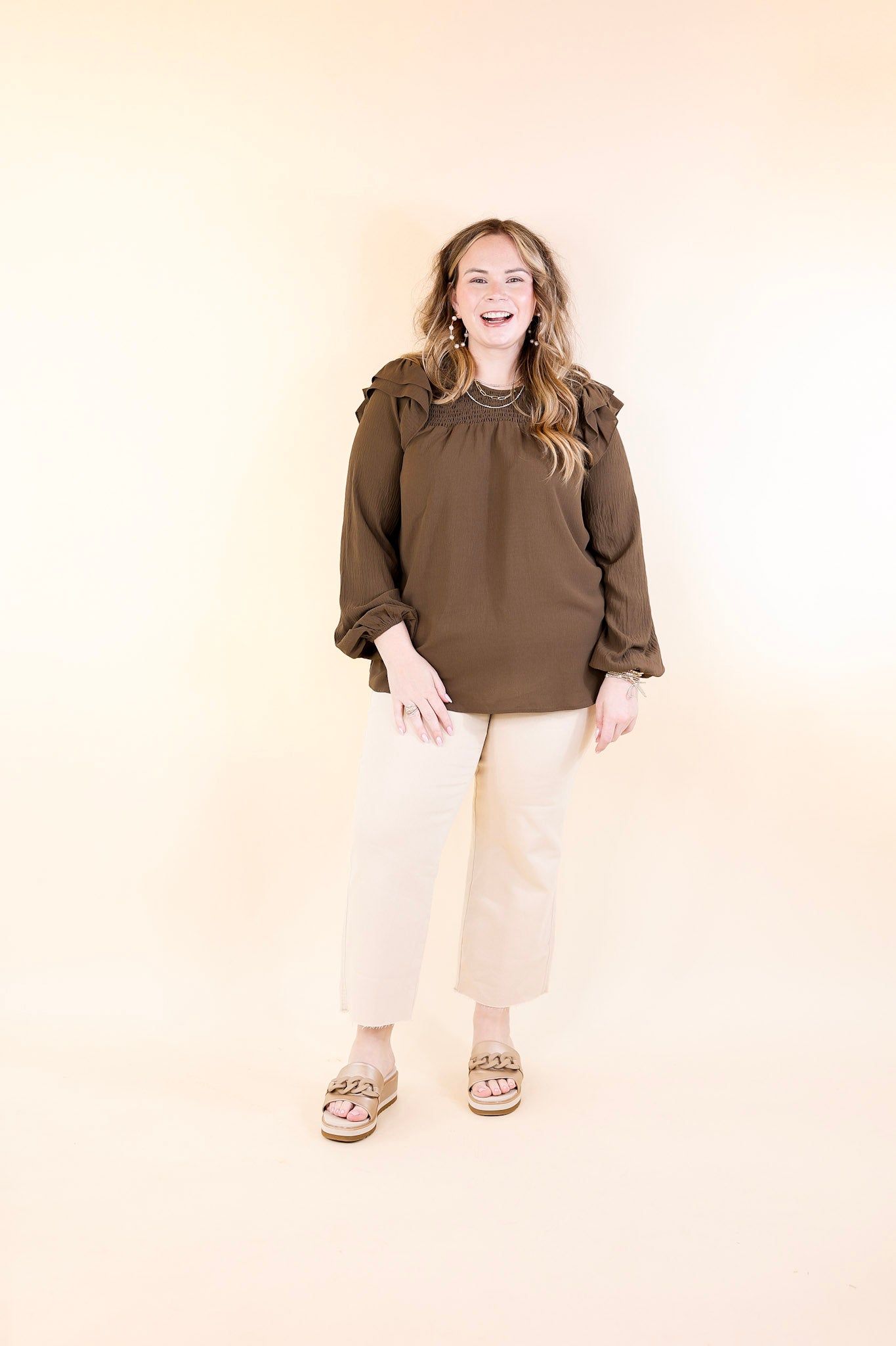 Balcony Nights Ruffle Shoulder Long Sleeve Blouse in Olive Brown